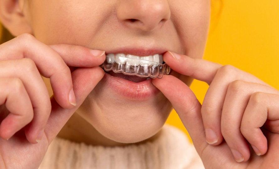 Person inserting a clear aligner, comparing clear aligners vs braces