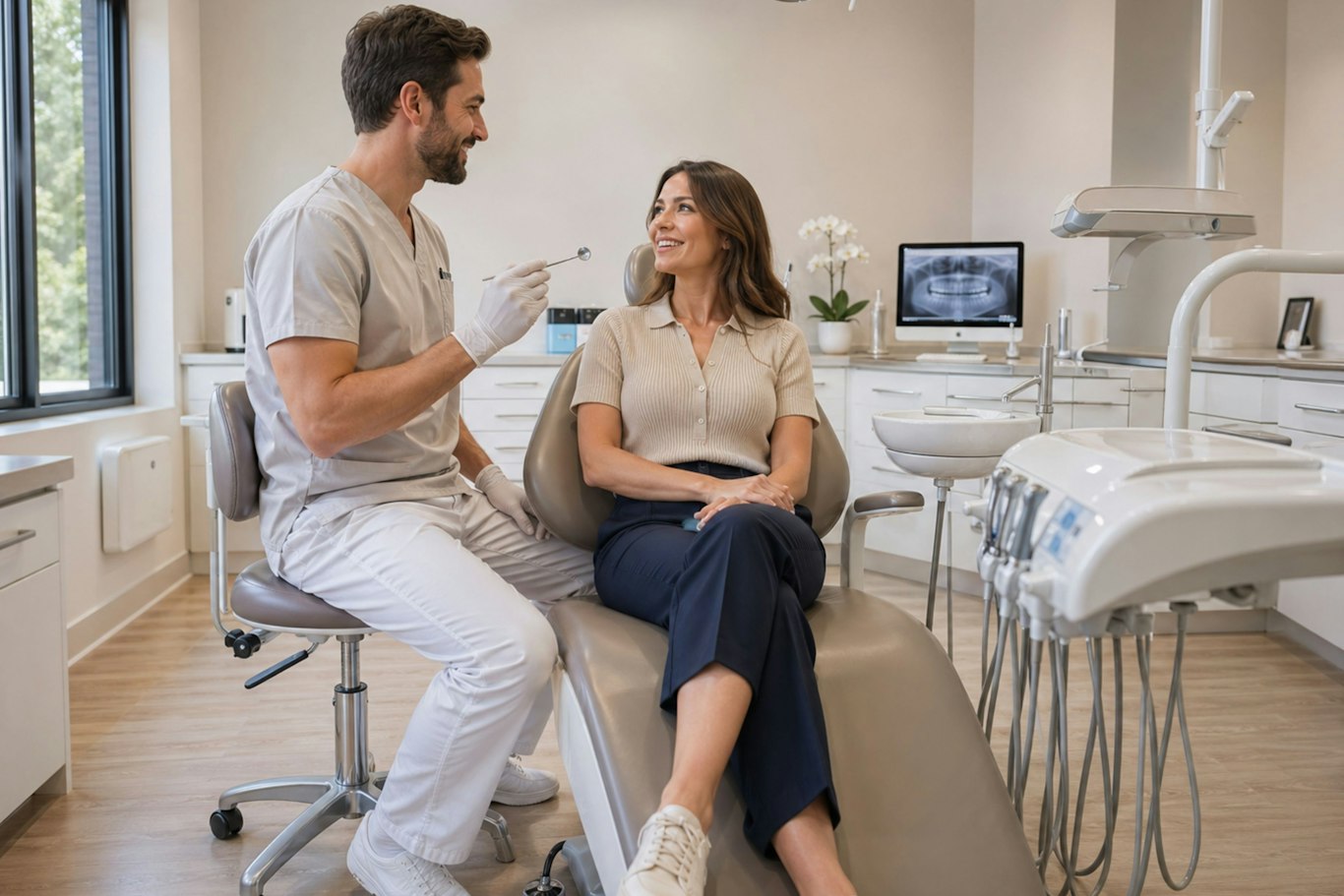 Dentist talking with a patient to ease dental anxiety before treatment