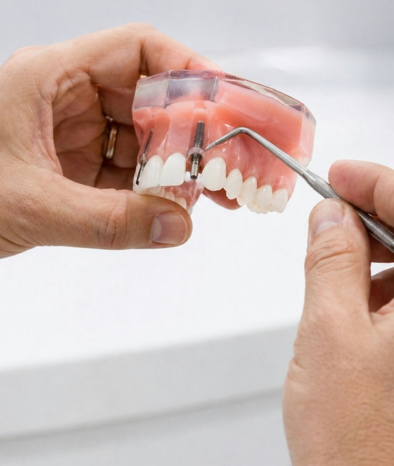 Dentist showing a model to compare dentures vs dental implants