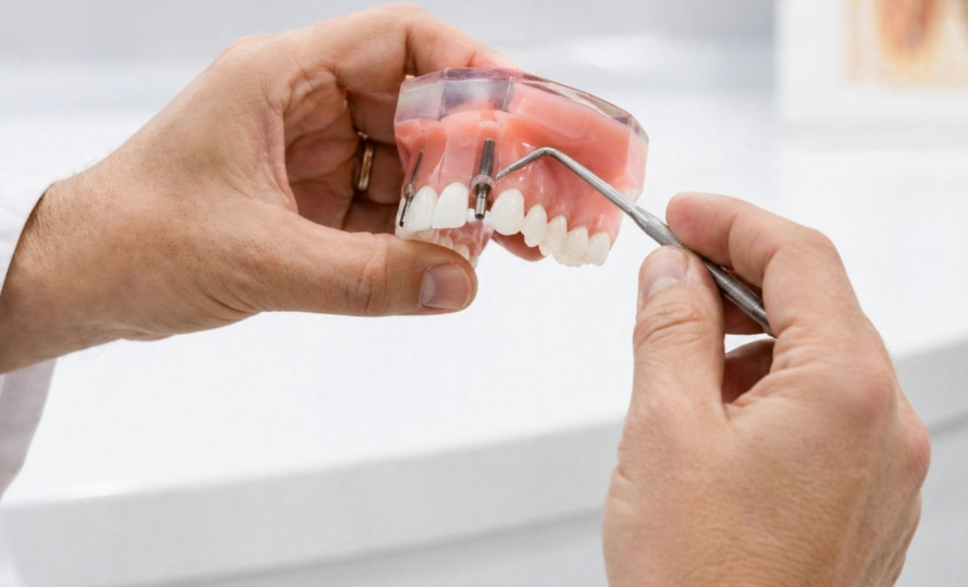 Dentist showing a model to compare dentures vs dental implants