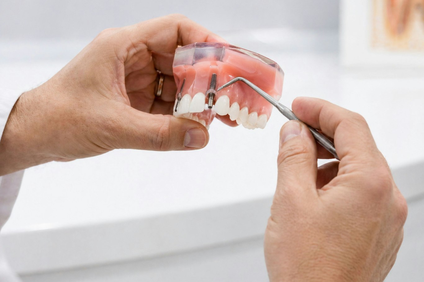 Dentist showing a model to compare dentures vs dental implants